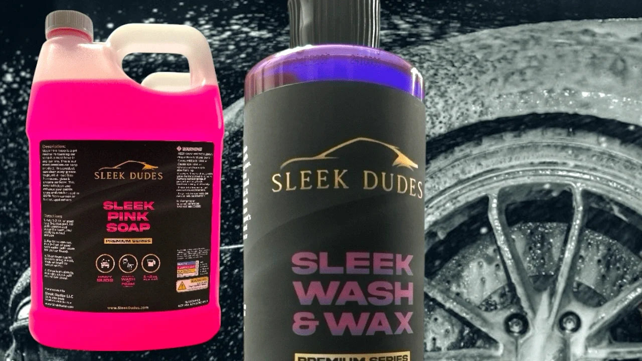 Sleek Pink Soap and Sleek Wash & Wax pH neutral car wash products from Sleek Dudes, safe for coated or uncoated cars, providing high suds and lasting shine.