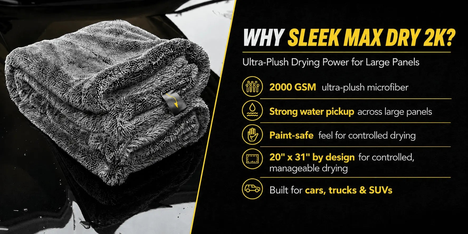 Gray microfiber towel on a car with features of 'Sleek Max Dry 2K' displayed.