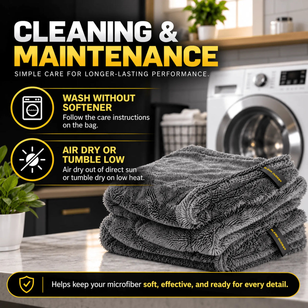 A stack of folded dark gray microfiber towels on a kitchen counter with a washing machine and sink in the background. Large text reads 'CLEANING & MAINTENANCE' with care instructions including wash without softener and air dry or tumble low.