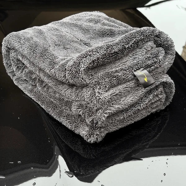 Gray Sleek Max Dry 2K microfiber towel on a car surface