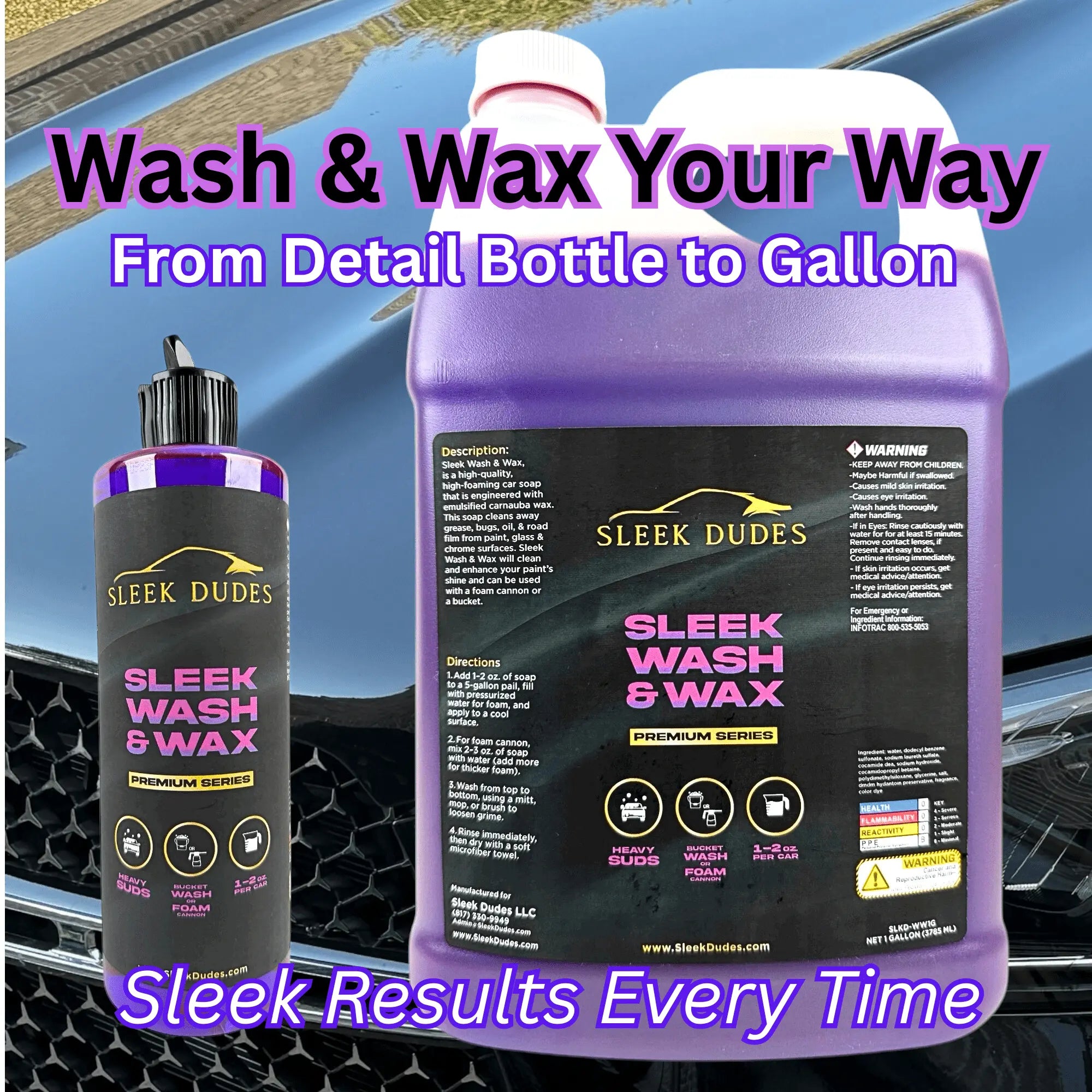 Sleek Dudes car wash and wax products with text overlay on a car background
