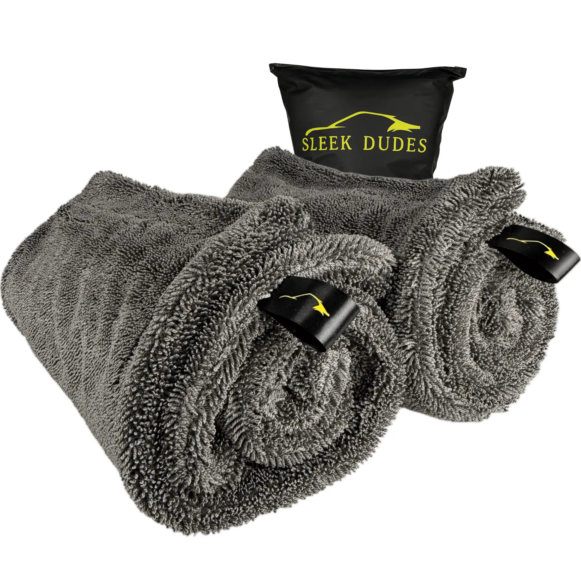 Gray towels with 'Sleek Dudes' logo on a white background