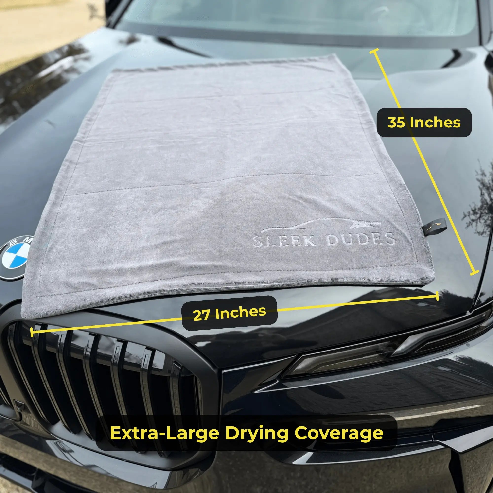 Extra-large 27x35 microfiber drying towel on hood