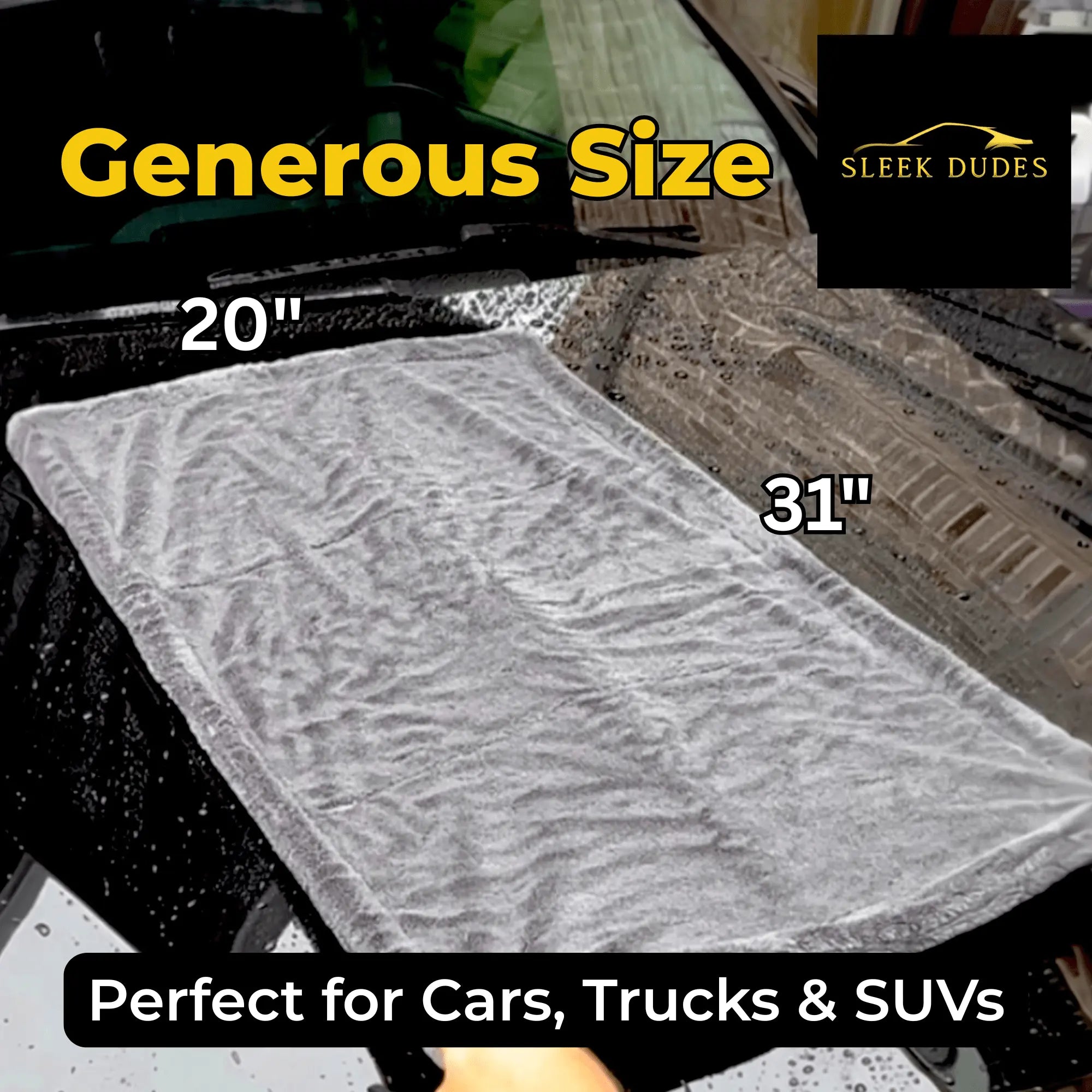 Car Drying Towel on a hood showing its dimension 20"x31"