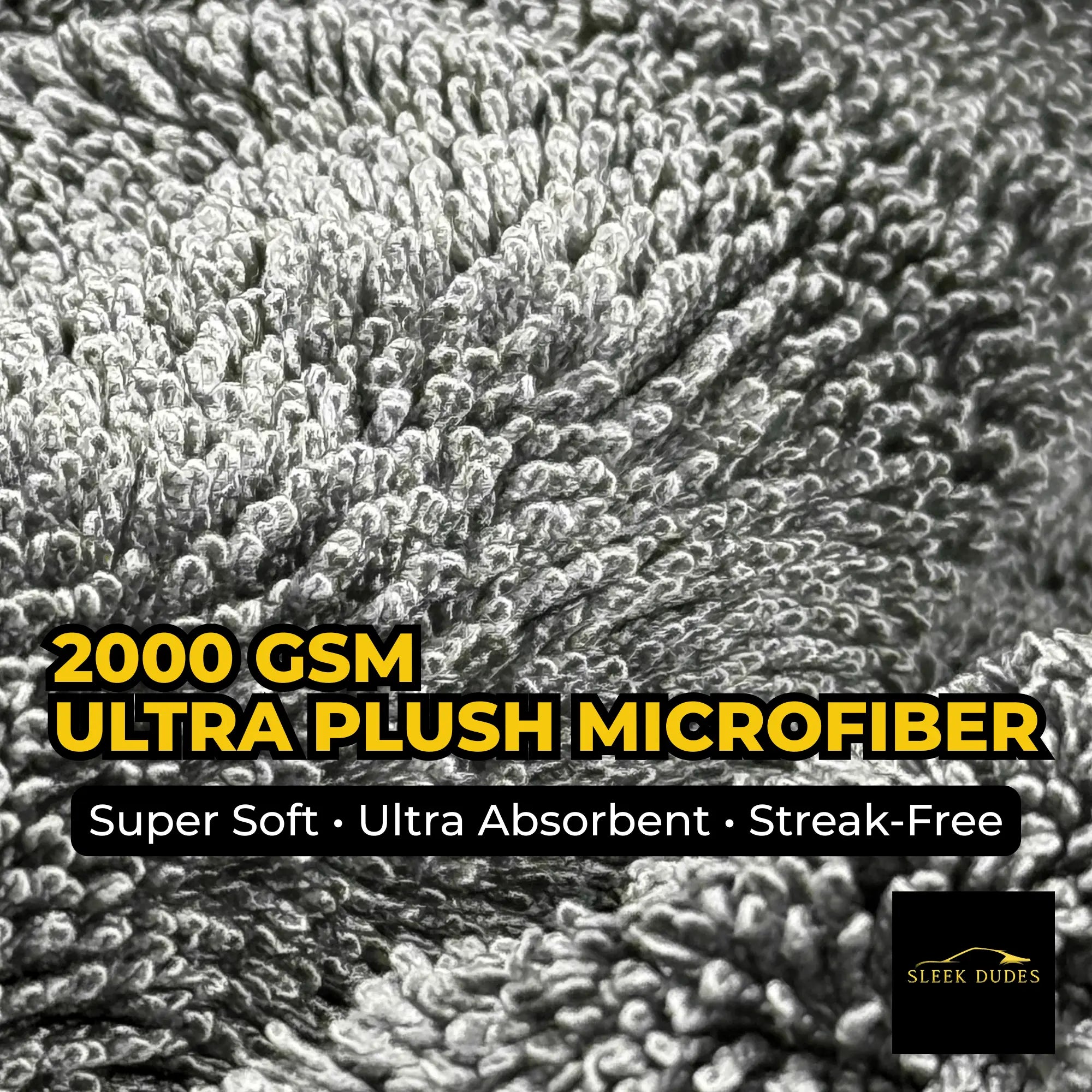 Close-up of Sleek Dudes Sleek Max Dry 2K towel fibers – 2000GSM ultra-plush microfiber for super soft, streak-free car drying.