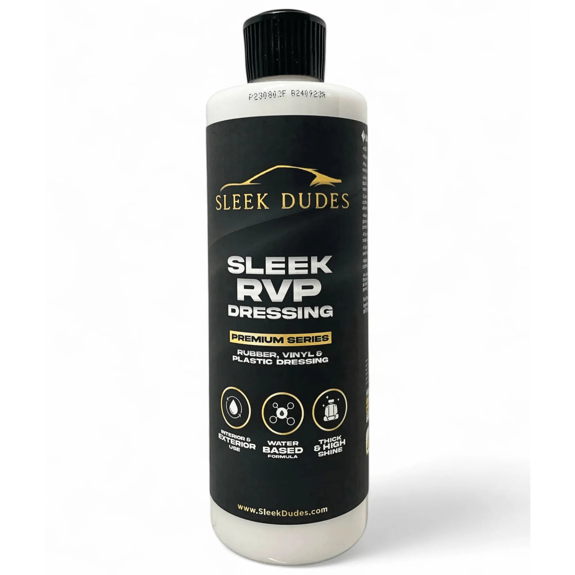 Sleek Dudes RVP Dressing Premium Series bottle for rubber, vinyl, and plastic surfaces featuring a water-based, non-greasy formula for interior and exterior use.