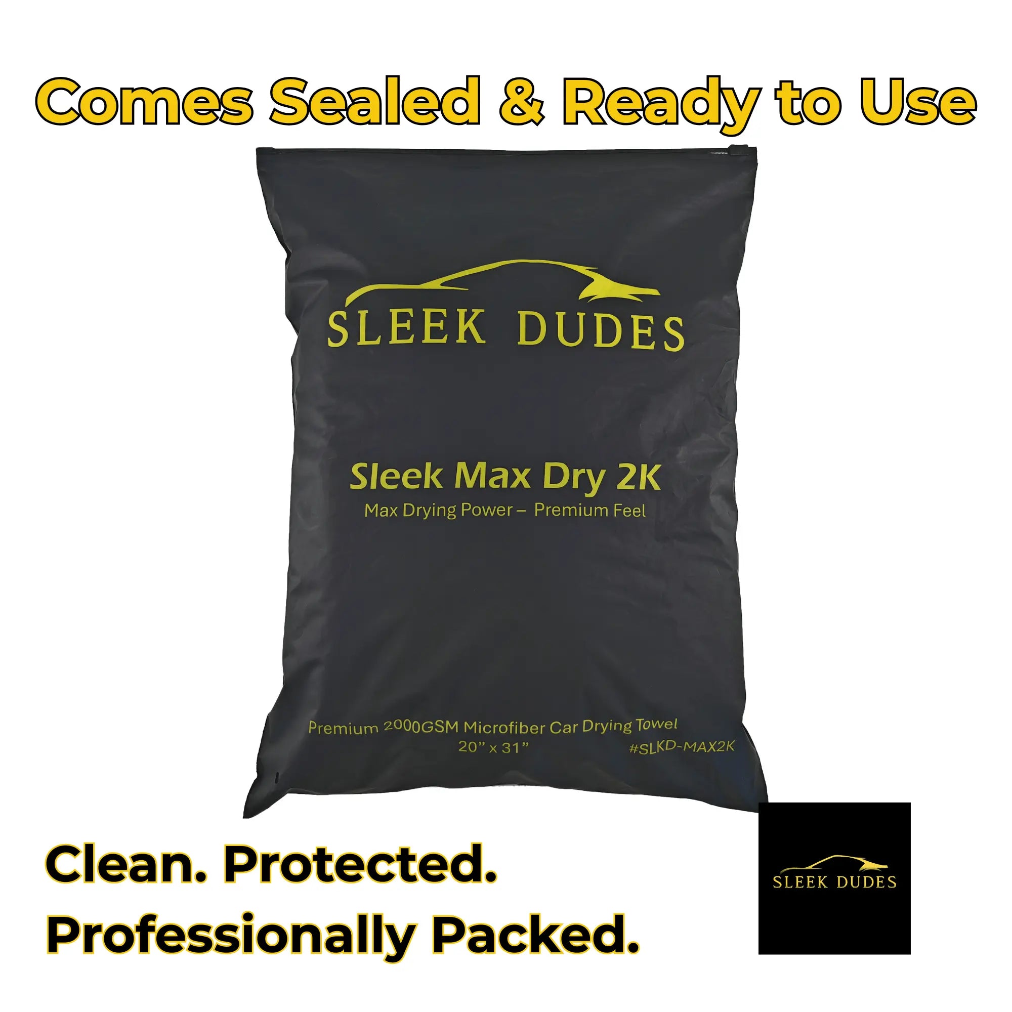 Black bag of Sleek Dudes car care product with yellow text on a white background