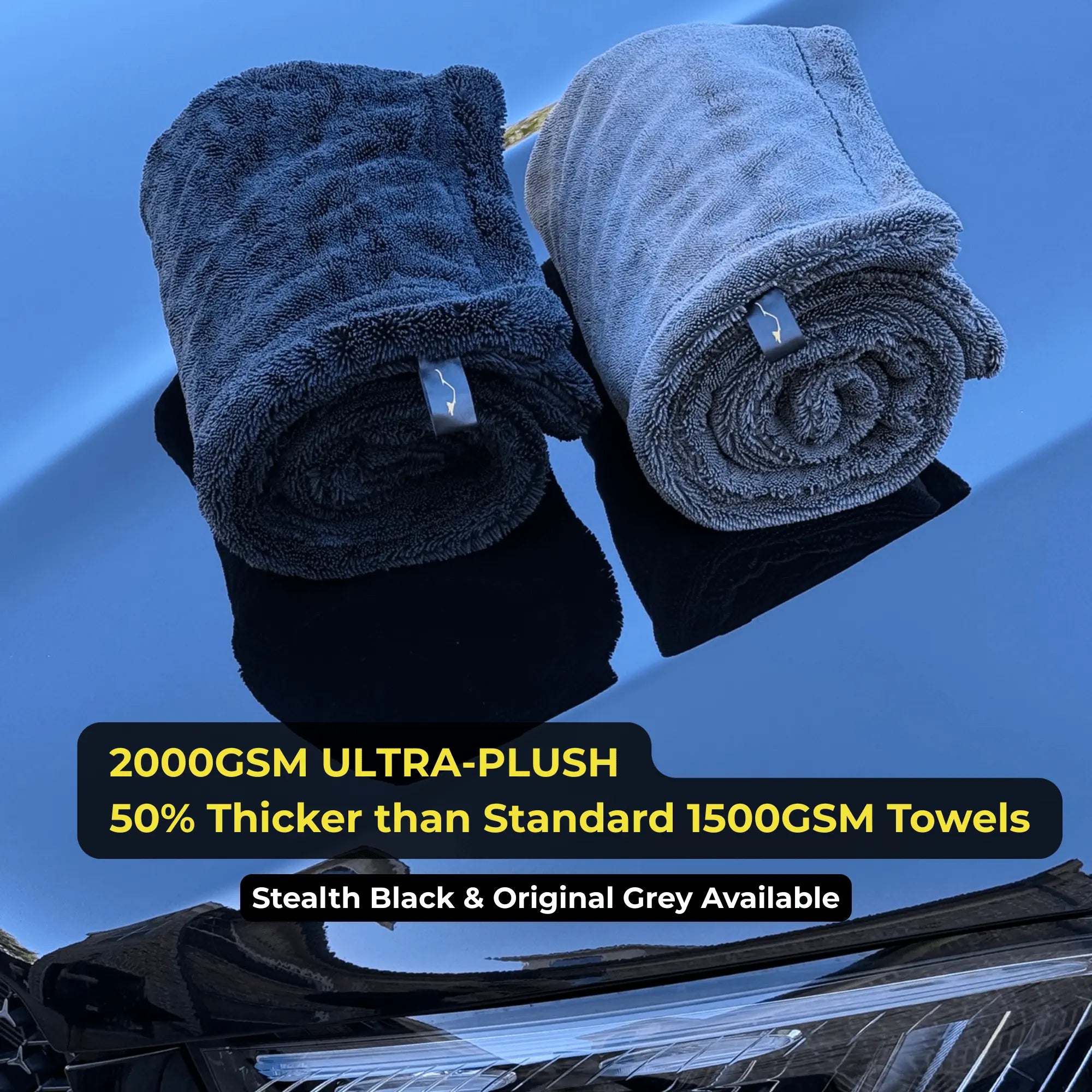 Sleek Max Dry 2K towels in Stealth Black and Original Grey.