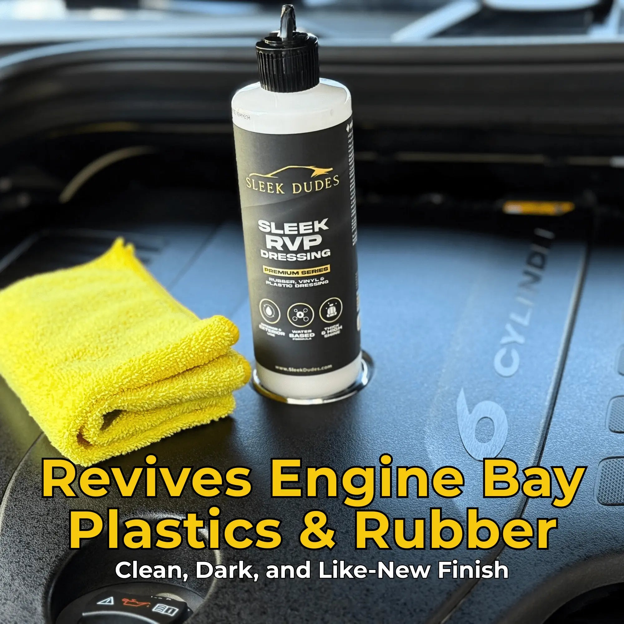 Sleek Dudes RVP Dressing used in engine bay to revive faded rubber and plastic surfaces, leaving a clean, dark, like-new finish.