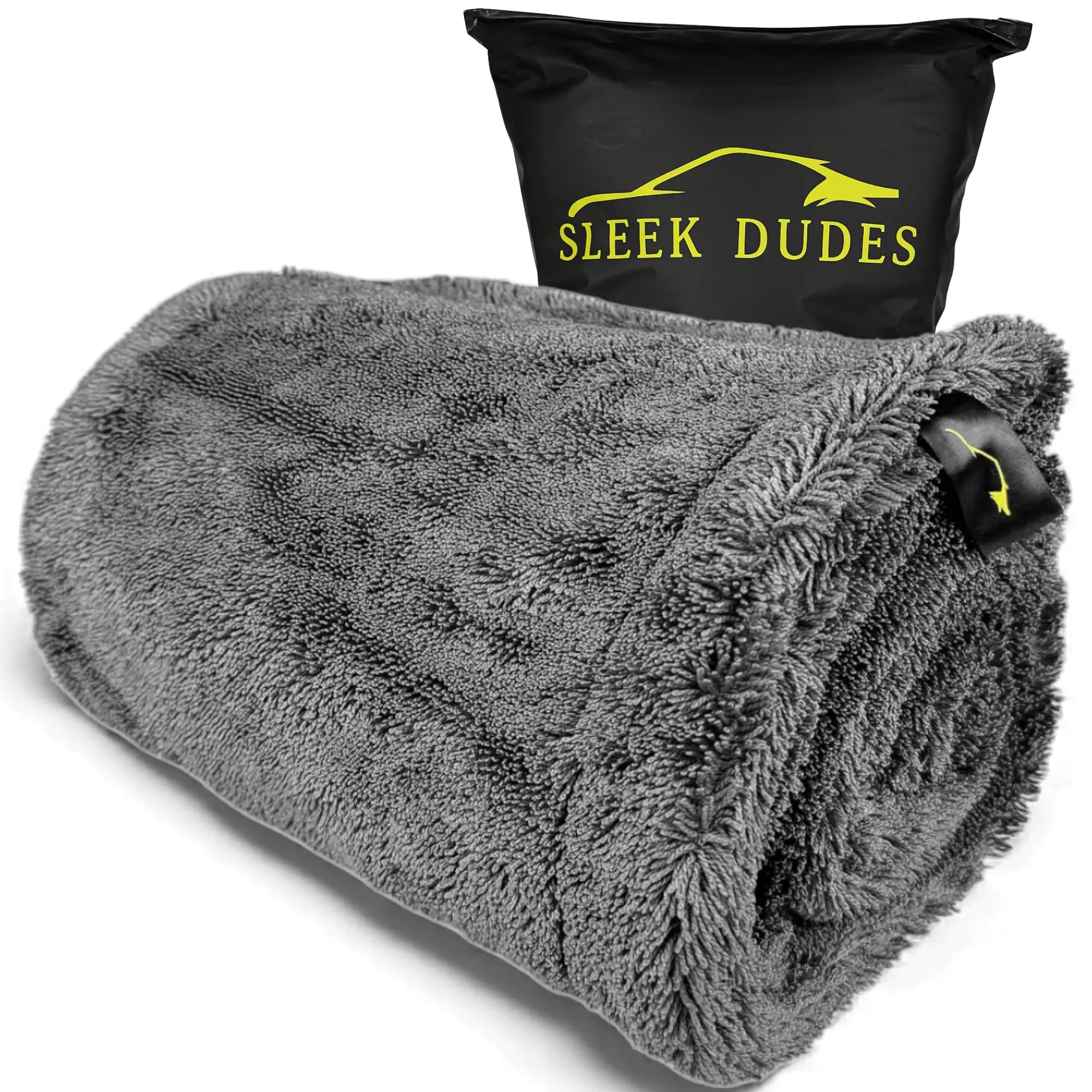 Rolled Sleek Dudes branded car drying towel with its bag on a white background