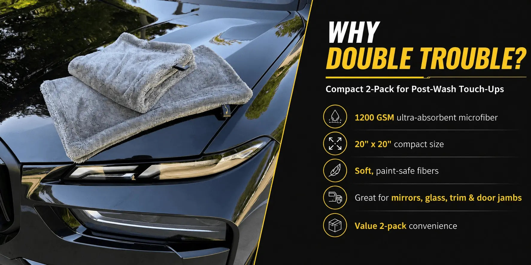 Two microfiber towels on a car hood with promotional text about their use and features.