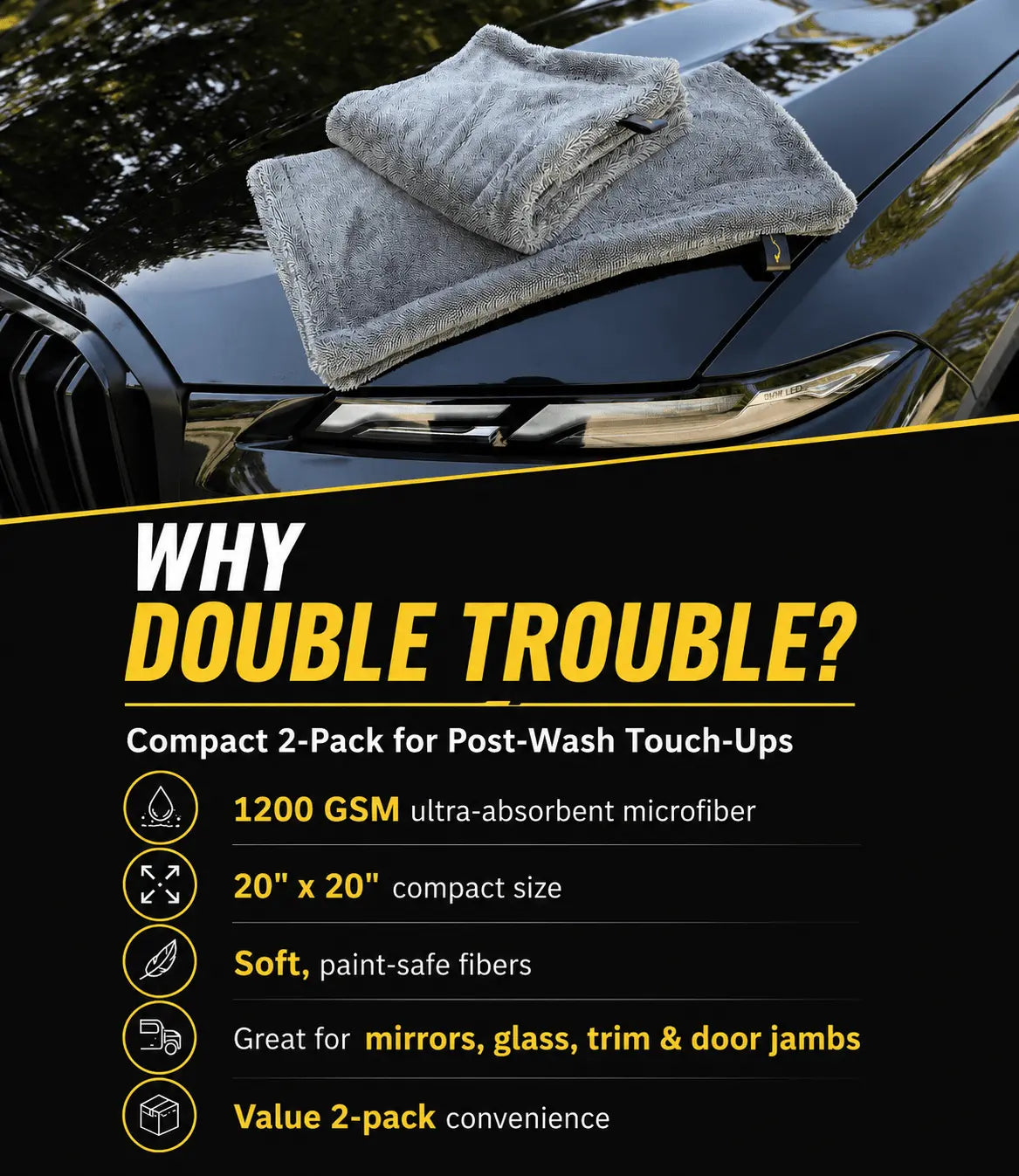 Car hood with gray microfiber towels and promotional text about a 2-pack product.