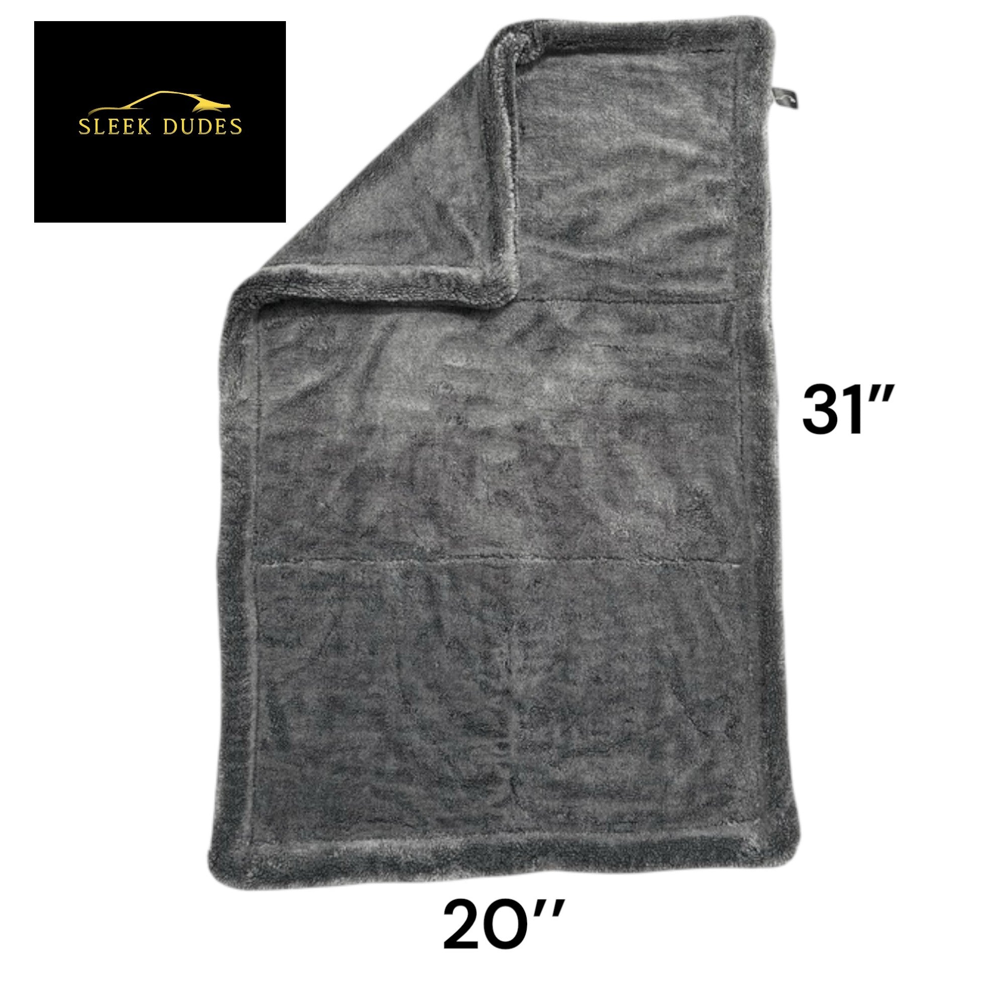 Gray car drying microfiber towel showing dimensions 20" x 31" and Sleek Dudes logo.