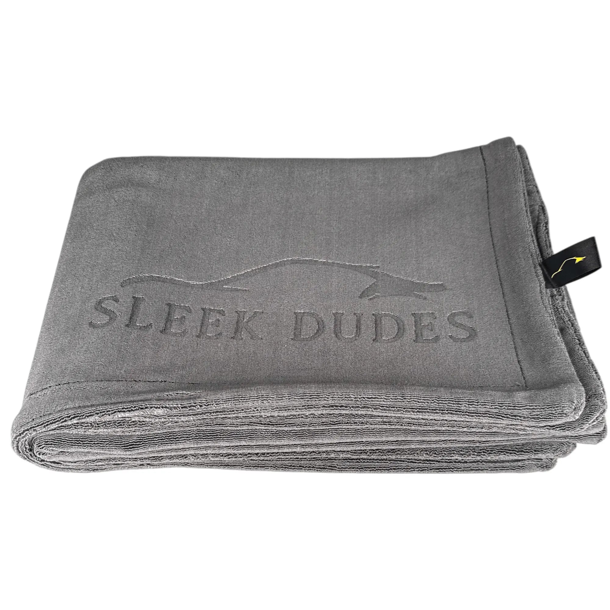 Gray towel with 'Sleek Dudes' branding on a white background