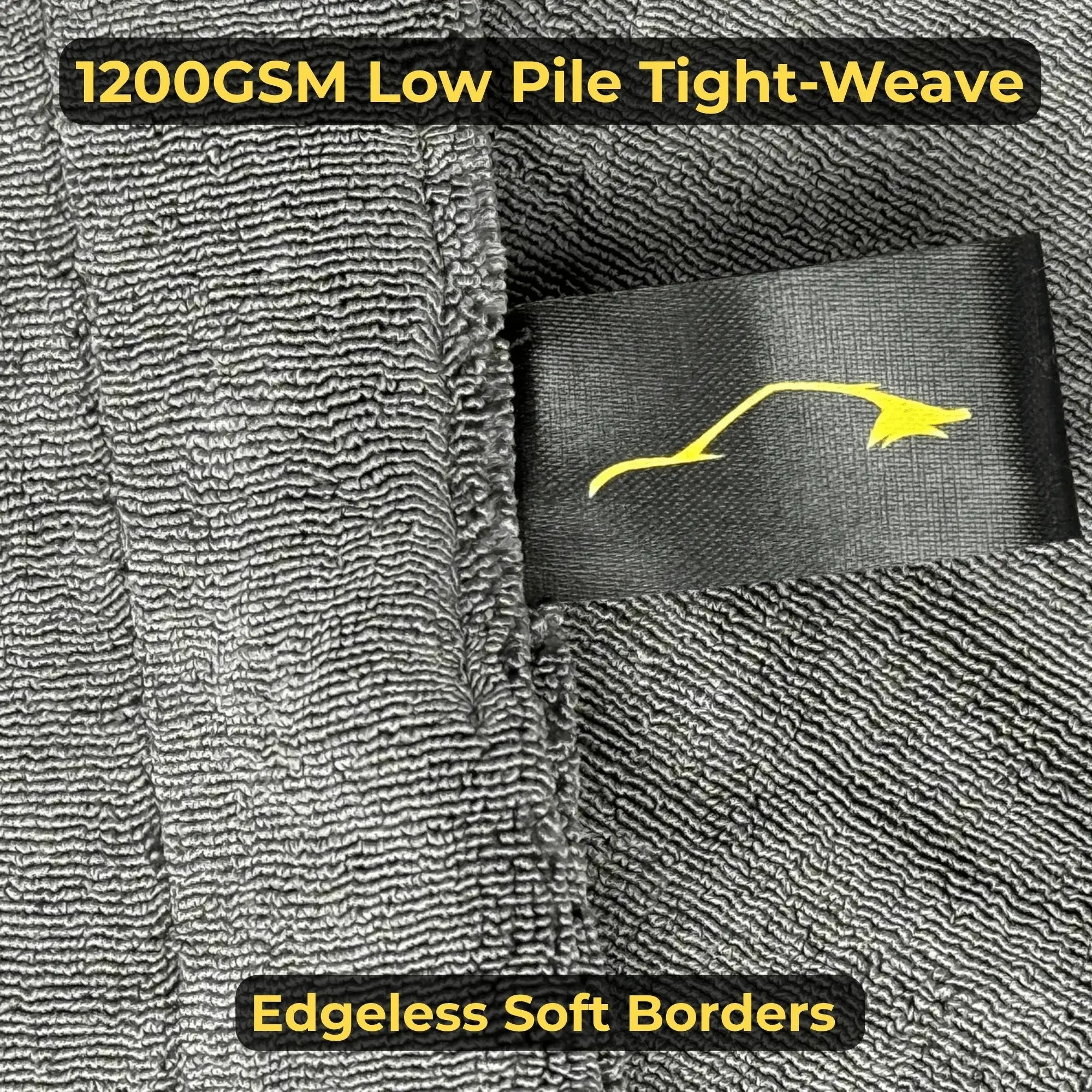 Gray fabric with a tight weave, featuring a brand logo, and text about fabric properties.