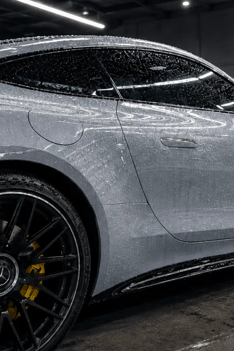Car with water droplets on a wet surface, likely after washing