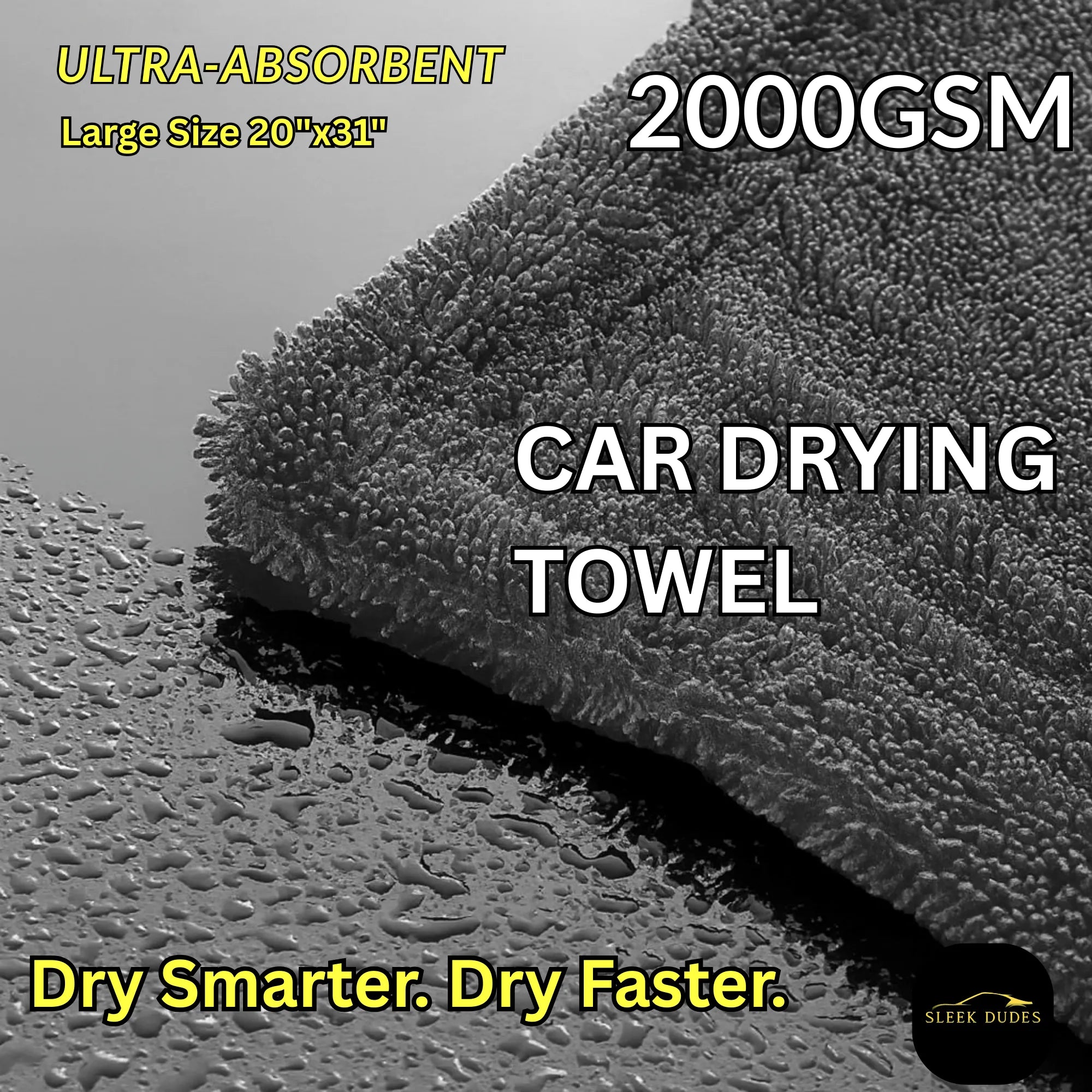 Sleek Max Dry 2K ultra-absorbent 2000GSM microfiber car drying towel in charcoal gray, large 20x31 inches, double twist pile design with Sleek Dudes branding