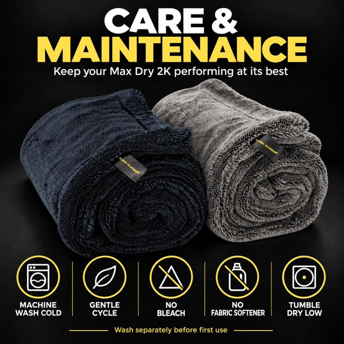 Two rolled plush car drying towels in black and gray displayed under the heading 'CARE & MAINTENANCE' on a black background, with care icons and text below specifying washing instructions.