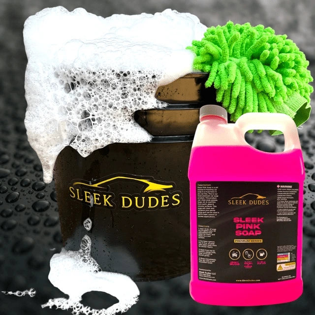 Sleek Pink Soap with foam bucket and wash mitt for car care