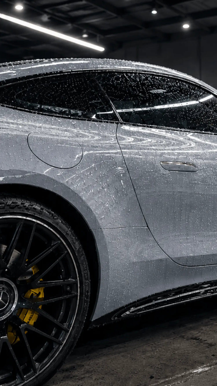 Close-up of a car's side profile with a focus on the wheel and tire.