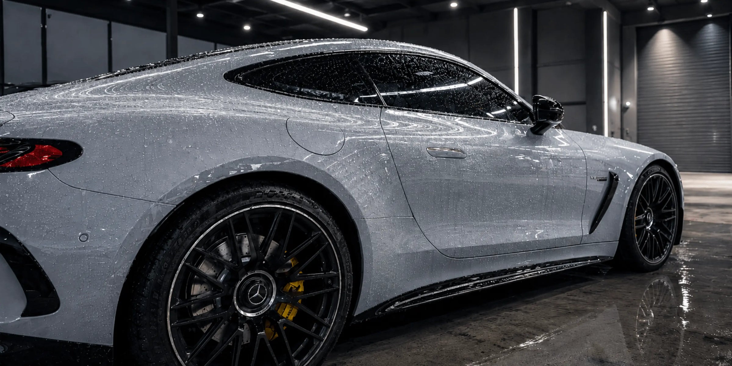 White sports car in a garage with water droplets on the surface