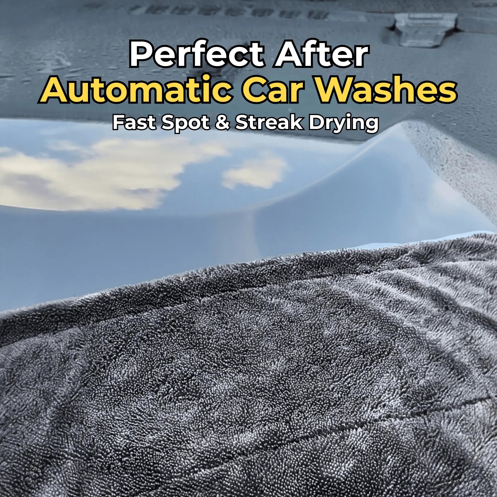 Car surface with a towel draped over it, text indicating post-automatic car wash use.