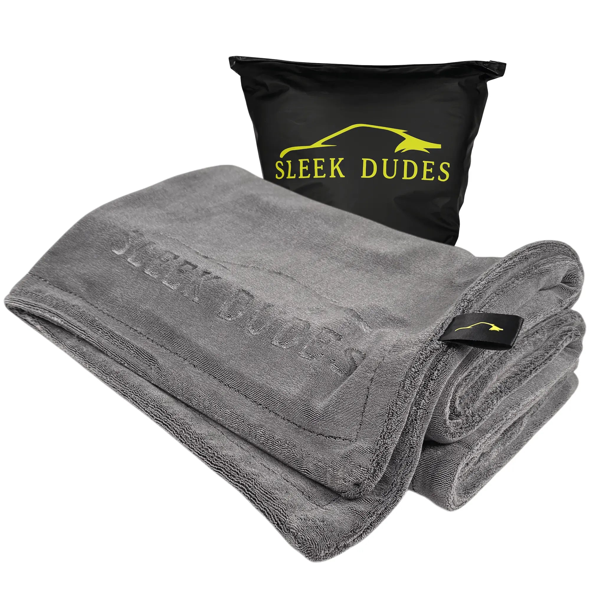 Gray towel with 'Sleek Dudes' branding on a white background