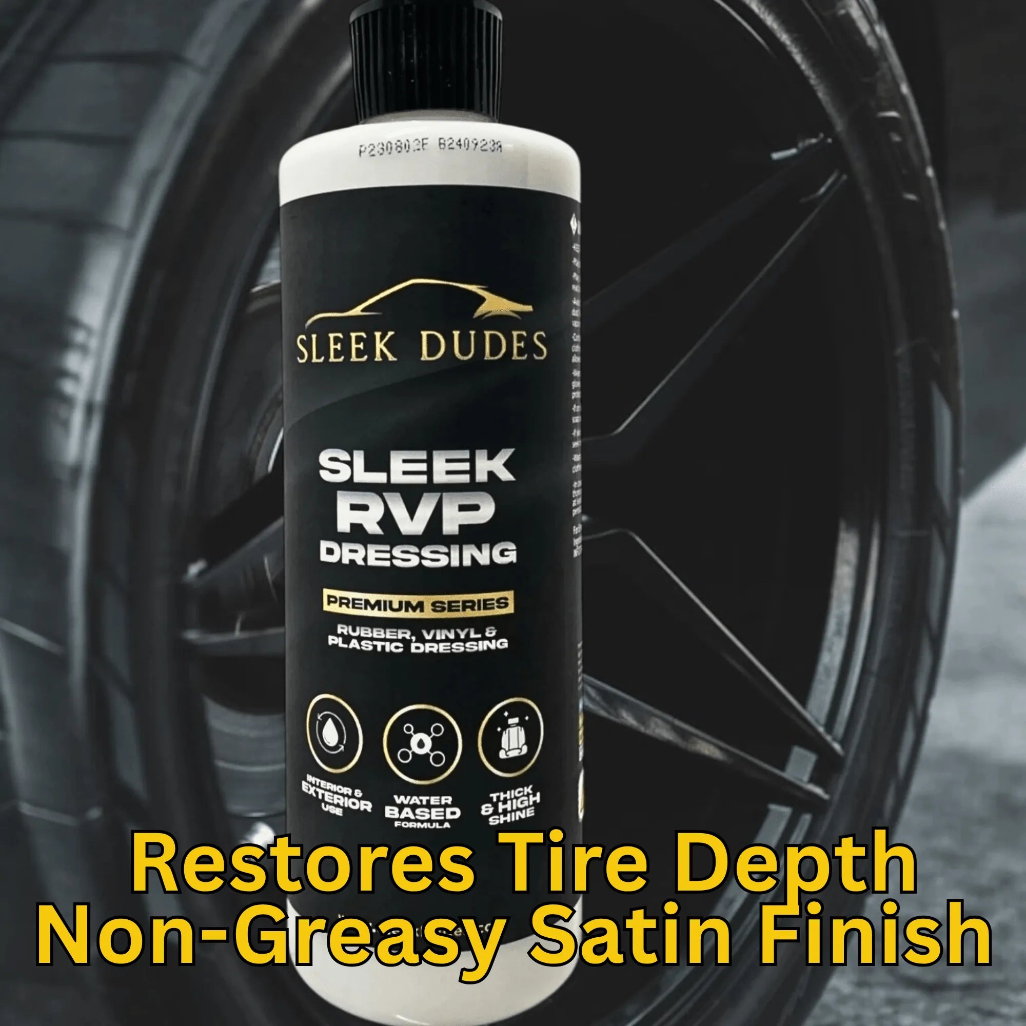 Sleek Dudes RVP Dressing bottle with tire in the background